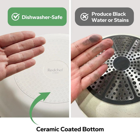 Hand showing clean ceramic bottom of Ceramic Nonstick Pots And Pans Set With Detachable Handles, Space Saving 5 Piece RV Cookware