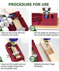 Step-by-step use of Door Hinge Jig For Router Mortiser Adjustable Three To Five Inches Length And One Quarter Or Five Eighths Inch Hinge Thickness Red DIY Friendly Tool For Precise Gap Free Door And Cabinet Hinge Installations