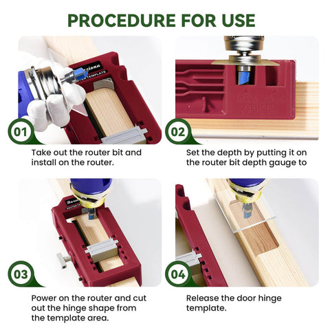 Step-by-step use of Door Hinge Jig For Router Mortiser Adjustable Three To Five Inches Length And One Quarter Or Five Eighths Inch Hinge Thickness Red DIY Friendly Tool For Precise Gap Free Door And Cabinet Hinge Installations