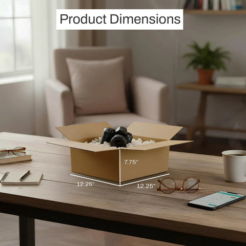 Eco Friendly Off White Plant Based Packing Peanuts Bulk Void Fill Padding For Fragile Moving Supplies Heavy Duty Cushion Material that shows a camera surrounded by packing peanuts in a box with dimensions.