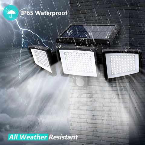 Solar Outdoor Lights 3 Head Motion Sensor Flood Light With Remote Control, 2500LM 210 LEDs, IP65 Waterproof in rainy weather