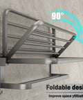 Bathroom Lavatory Towel Rack With Two Towel Bars And Shelf 24 Inch Folding Wall Mount Organizer in Modern Gray folded
