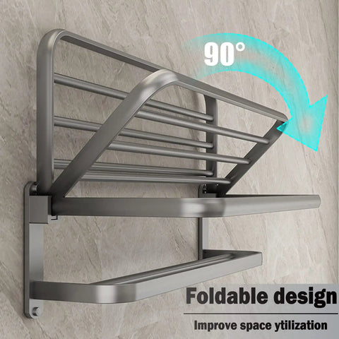 Bathroom Lavatory Towel Rack With Two Towel Bars And Shelf 24 Inch Folding Wall Mount Organizer in Modern Gray folded