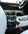 Dad Of A Glider Pilot Insulated Stainless Steel Tumbler in car cup holder, black with blue text, glider design visible