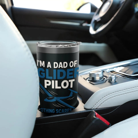 Dad Of A Glider Pilot Insulated Stainless Steel Tumbler in car cup holder, black with blue text, glider design visible