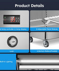 Product details for Heavy Duty Commercial Fridge And Freezer Combo With 48 Inch Width And 38 Cubic Feet showcasing temp display, shelves, lock, and lighting.
