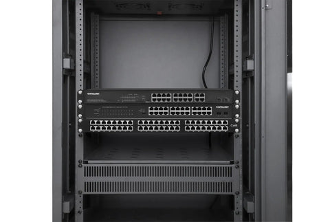 Badass Heavy Duty 42U Floor Standing Network Server Rack Cabinet With Dual Roof Mounted Cooling Fans. Inside view with network switches.