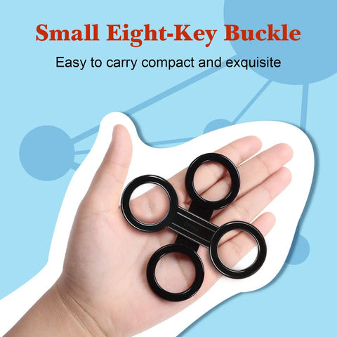 Person holding black small eight-key buckle, compact and easy to carry in hand, on a blue background with text.