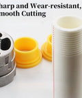 Heavy Duty Pvc Pipe Threader Kit With Three Reusable Dies For One Inch Pipes showing yellow adapters, metal threading die, and white pipe.
