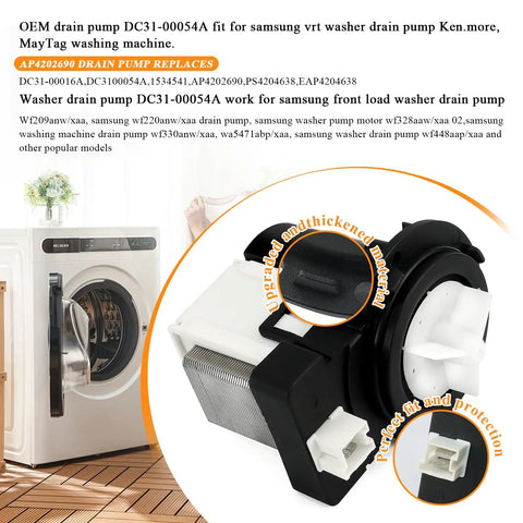 Upgraded Washer Drain Pump Replacement DC31-00054A 62902090 for Samsung front-load washer, detail with impeller housing.