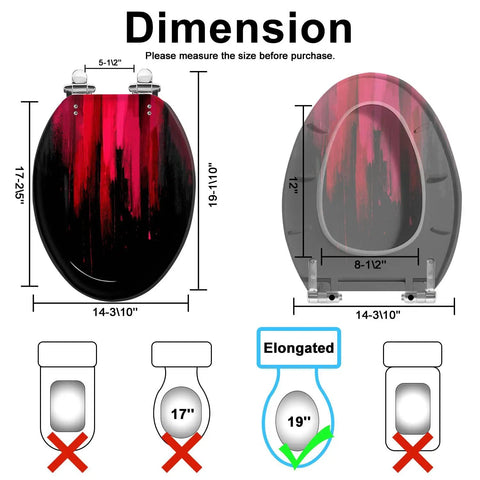Elongated Toilet Seat Slow Close Bathroom Replacement with dimensions, featuring red and black design, measuring 19-11" by 14-3/10".