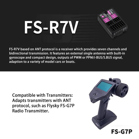 Flysky FS-R7V Receiver 2.4GHz 7CH ANT Protocol Two Way RC Receiver with handheld transmitter, detailed view, text overlay