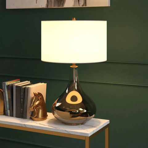25.5 Inch Tall Table Lamp With White Fabric Shade And Smoked Chrome Glass Base on modern table
