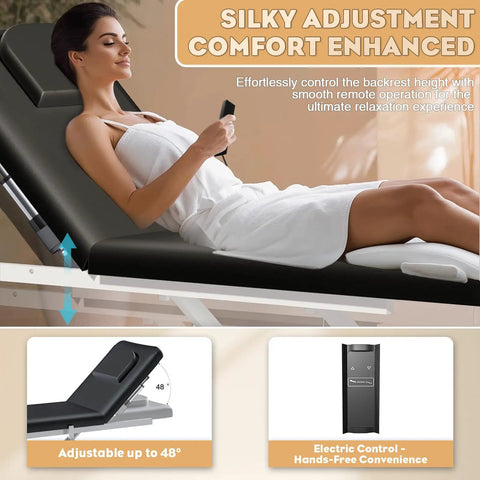 Kaiwrxin Fully Electric Massage Table With Lift Features 1500lbs Heavy Duty Capacity And Smooth Height Adjustment For Estheticians Spa Waxing And Salon Use Quiet Remote Control Motor For Professional Comfort, adjustable backrest with remote, 48° angle.