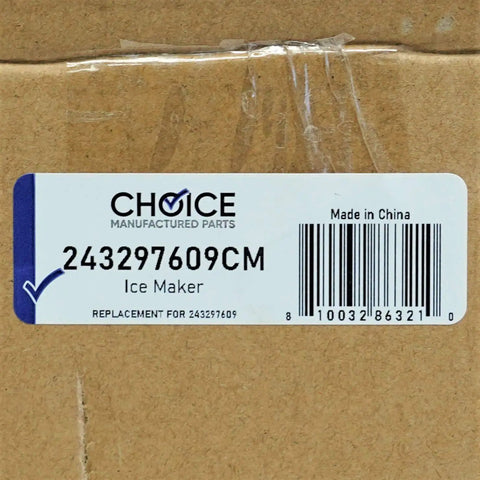 Box label of Easy Install Refrigerator Ice Maker Assembly For Frigidaire And Electrolux Models Replacement Ice Maker Module 243297609