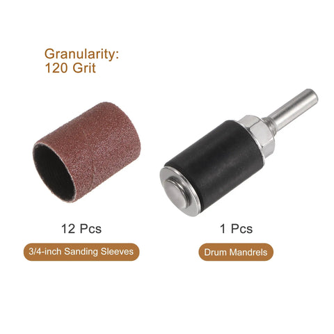 12 Pack Three Quarter Inch Sanding Sleeves 120 Grit With 6mm Drum Mandrel For Rotary Tools, sleeve and mandrel shown