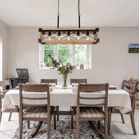 Farmhouse Linear Pendant Light For Kitchen Island And Dining Room, 5 Light Rustic Wood Grain Industrial Chandelier over dining table.