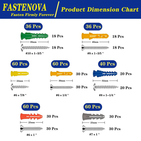 Product dimension chart for 352 Piece Heavy Duty Drywall Anchors And Screws Kit With 7 Sizes Wall Mount Kit with sizes and quantities.