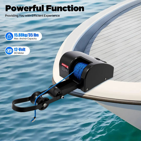 Heavy Duty 12V Marine Electric Anchor Winch With Wireless Remote For Small Boats Up To 24ft Includes Rope And Roller mounted on boat.