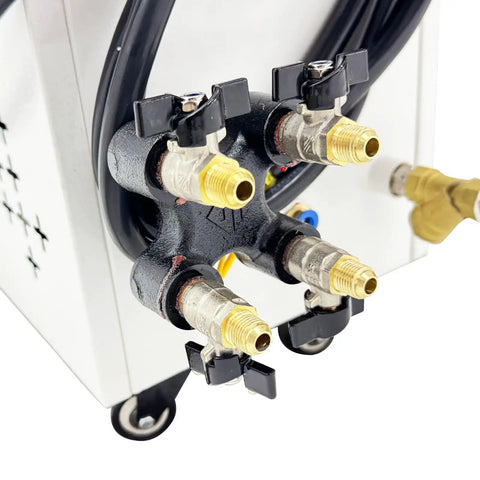 Industrial Oil Temperature Control Unit 12KW 220V 3-Phase With 56 Liters Per Minute Pump Flow, Fast Heating 68-356 F, 20-180 C For Injection Molding, Reactors, Die Casting, And Plastic Processing, Stainless Steel Heating Barrel close-up of four brass ports
