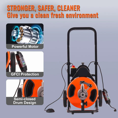 Tough As Nails Electric Drain Cleaner Automatic Feed with powerful motor and semi-closed drum design for effective clog removal.