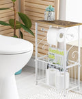 White Metal Bathroom Organizer With Scrollwork And Wood Top Shelf Magazine Basket And Towel Storage Stand For Vanity