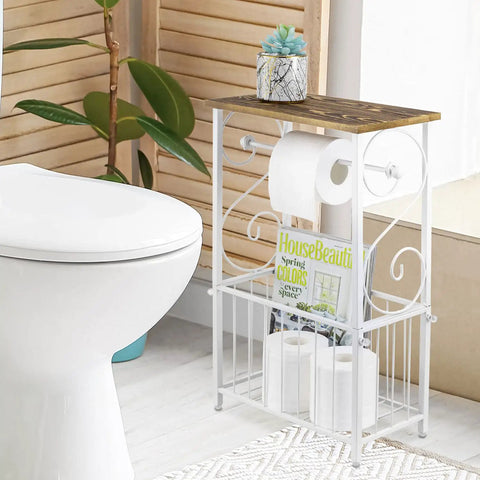 White Metal Bathroom Organizer With Scrollwork And Wood Top Shelf Magazine Basket And Towel Storage Stand For Vanity