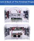 Front and back view of DIY Bluetooth Speaker Kit With USB Mini Stereo Amplifier Soldering Kit LED Lights Transparent Case