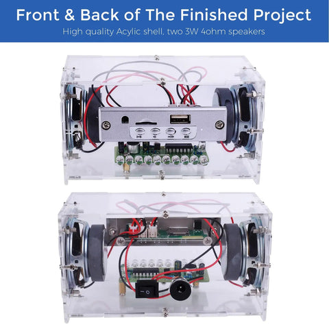 Front and back view of DIY Bluetooth Speaker Kit With USB Mini Stereo Amplifier Soldering Kit LED Lights Transparent Case