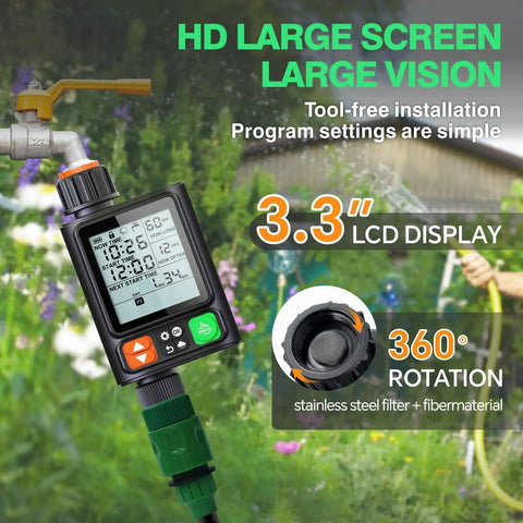 No-Fuss Ten Independent Hose Timers With 10 Programmable Programs, Auto Rain Delay, IP54 Waterproof, 3.3-Inch LCD display in garden.