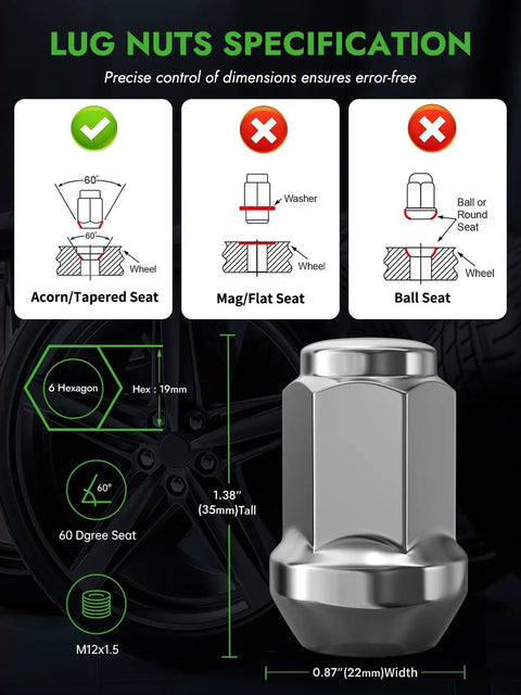 Diagram showing M12x1.5 Chrome Lug Nut Set 20Pcs Closed End with 60 Degree Cone Seat, hex size and dimensions for aftermarket wheels.