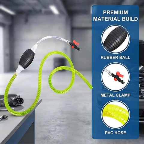 Heavy Duty Manual Fuel Siphon Pump For Cars And Trucks Featuring Wicked Smooth High Flow Transfer PVC Hose With Reliable Anti Backflow Valve Universal Fit For Diesel Gas Oil Water Pulls Fluid Like A Dream, showcasing the rubber ball, metal clamp, and bright PVC hose.