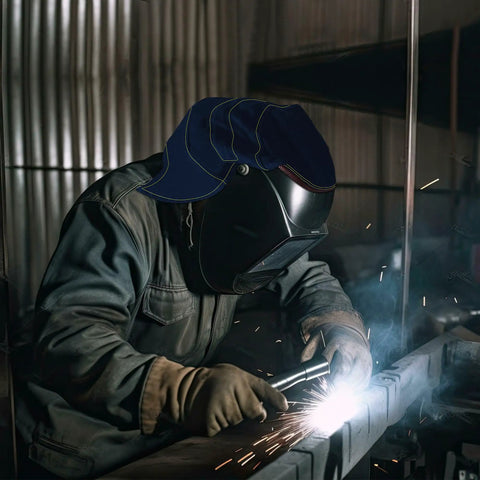 Welding helmet with extended blue cover, reducing glare and spatter. Extended Welding Helmet Cover With Press Fit Seal for Extra Head and Neck Protection.