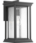 Endicott Collection 1 Light Outdoor Wall Lantern with clear seeded glass, Craftsman style, medium size, textured black finish