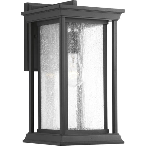 Endicott Collection 1 Light Outdoor Wall Lantern with clear seeded glass, Craftsman style, medium size, textured black finish