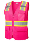 Top Level High Visibility Safety Vest With Bold Reflective Strips And Plenty Of Gear Pockets For Daily Grind. Pink vest with reflective strips.