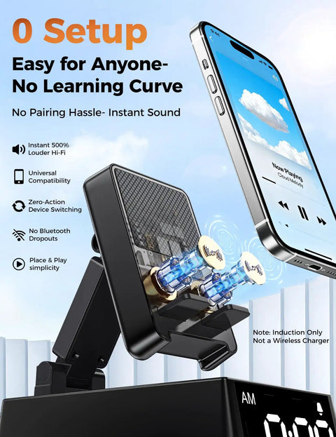 Induction Phone Stand With Bluetooth Speaker HD Sound Dope Gift For Him Dorm Essentials Anti Slip Phone Holder Gadget in use.
