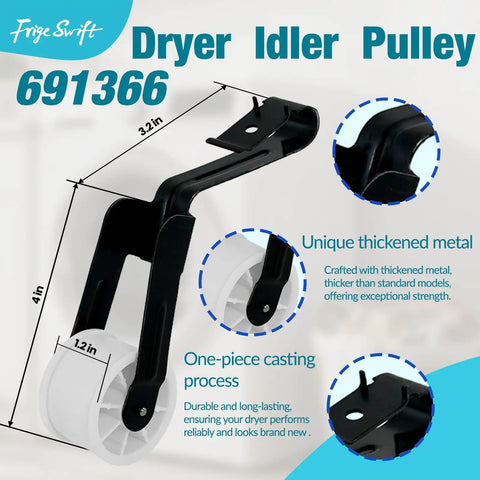 Close-up view of 691366 idler pulley for Complete Dryer Repair Kit With 341241 Belt, 691366 Idler Pulley, And 349241T Drum Rollers