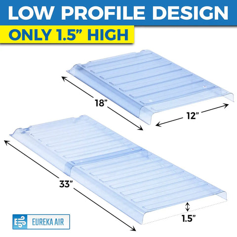 Low profile design of Air Under Furniture Magnetic Vent Extender for 10 to 12 inch floor registers, extends 17 to 33 inches.