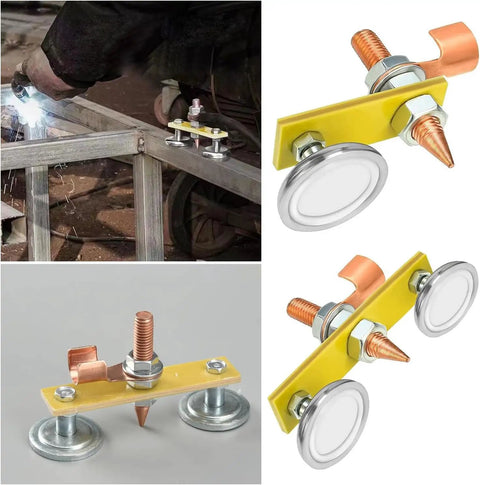 Upgrade Your Setup With This 2Pc Magnetic Welding Ground Clamp Kit Featuring Double Plus Single Magnet Heads For Super Strong Suction And Reliable Stability During Tough Welding Jobs, showcasing both double and single heads with copper and iron materials.
