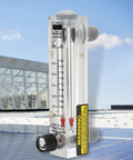 Lzm 15T Liquid Flow Meter Panel Mount With Clear Acrylic Body For Precise Gpm Water Coolant Monitoring Adjustable Flow Rate Zg 1/4 Inch Female Bspt Thread, side view with measurements and fittings.