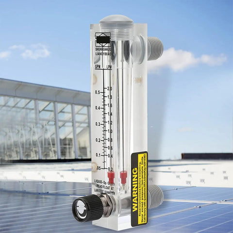 Lzm 15T Liquid Flow Meter Panel Mount With Clear Acrylic Body For Precise Gpm Water Coolant Monitoring Adjustable Flow Rate Zg 1/4 Inch Female Bspt Thread, side view with measurements and fittings.
