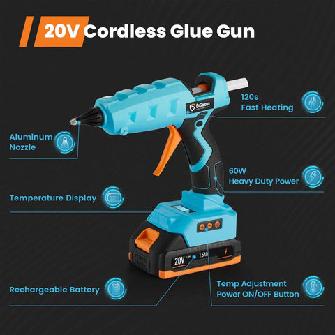 Pro Grade Cordless Full Size Glue Gun For DIYers With 20V Battery, Temperature Adjustable LCD Display, Dual Temp, Dripless Design