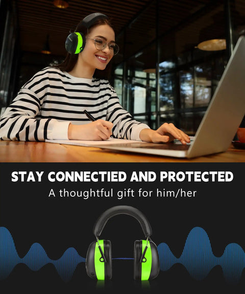 Bluetooth Hearing Protection Headphones With 30dB Noise Reduction shown worn by woman at laptop in indoor setting
