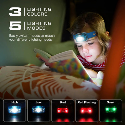 Child reading in bed with blue headlamp from Two Pack Rechargeable Headlamp Set With White Red Green Lights Memory Mode And Five Modes 120 Degree Adjustable Beam Built For Camping Running Hiking And Nighttime Tasks Great For Adults And Kids Blue.