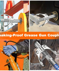 Grease gun coupler, silver metal with lever, fits 1/8 NPT grease guns, four-panel collage