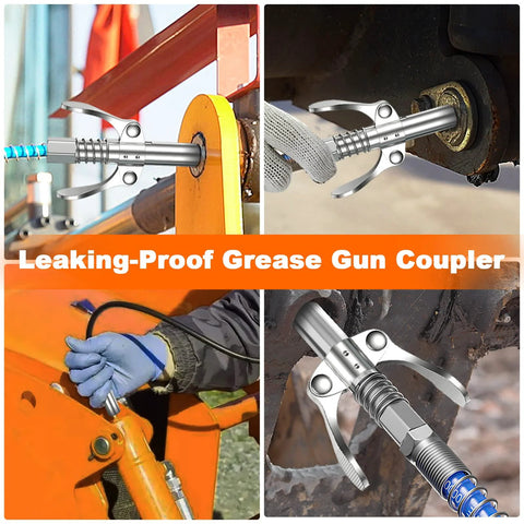 Grease gun coupler, silver metal with lever, fits 1/8 NPT grease guns, four-panel collage