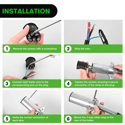 installation guide for Heavy Duty 7 Pin Round Trailer Connector Assembly for pickup trucks, showing wiring steps.