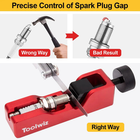 Spark Plug Gap Tool With 32 Blade Steel Feeler Gauge for adjusting spark plug gaps accurately, showing correct tool use versus incorrect methods.