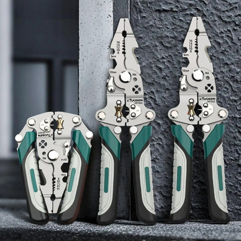 10-In-1 Wire Strippers And Automatic Self-Adjusting Wire Stripper Tool With Cutting Crimping Gripping And Twisting Functions For 8 To 16 AWG Electrical Wiring Pro Grade Heavy Duty Multi Tool Pliers For DIYers And Pros displayed closed and open